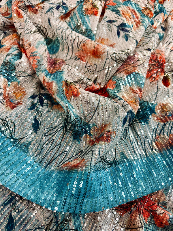Party Wear Statement Digital Printed Floral Sequin Saree in Pearl White and Sky Blue | Party Wear Sequin Sarees