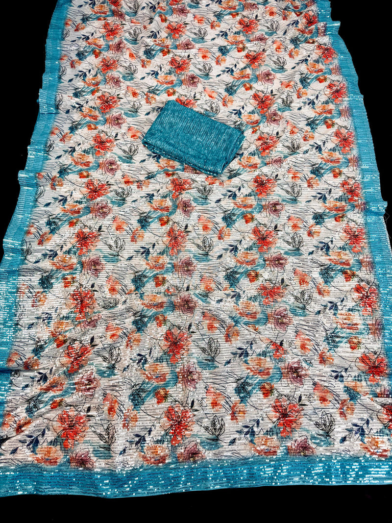 Party Wear Statement Digital Printed Floral Sequin Saree in Pearl White and Sky Blue | Party Wear Sequin Sarees