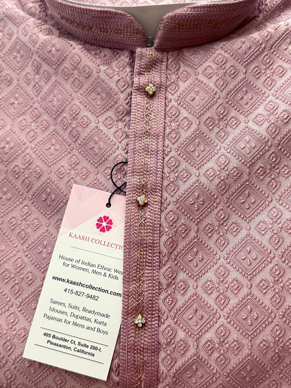 Dusty Pink Men Kurta Pajama with Embossed Embroidery and Zari | Sherwani Style Kurta  | Wedding Kurtas | Kurta Store USA
