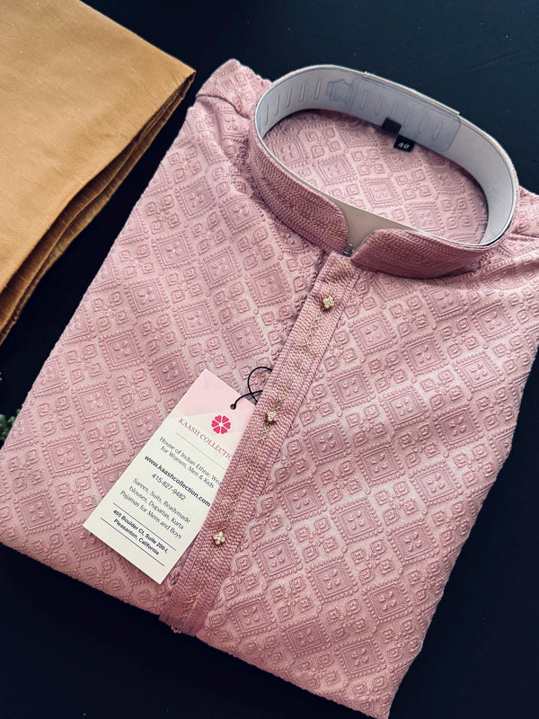 Dusty Pink Men Kurta Pajama with Embossed Embroidery and Zari | Sherwani Style Kurta  | Wedding Kurtas | Kurta Store USA