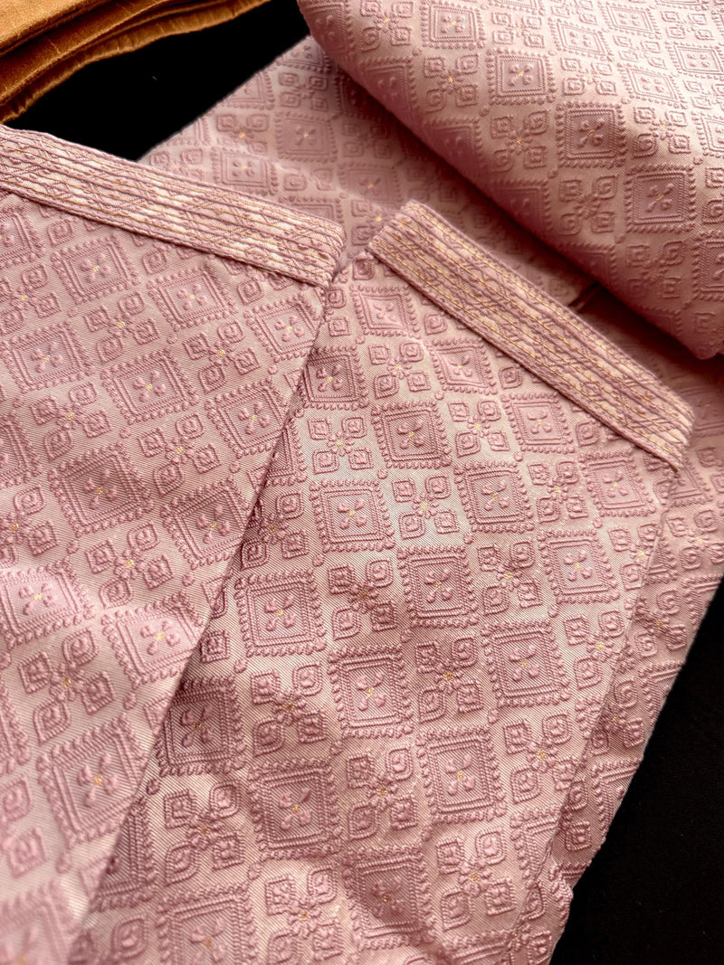 Dusty Pink Men Kurta Pajama with Embossed Embroidery and Zari | Sherwani Style Kurta  | Wedding Kurtas | Kurta Store USA