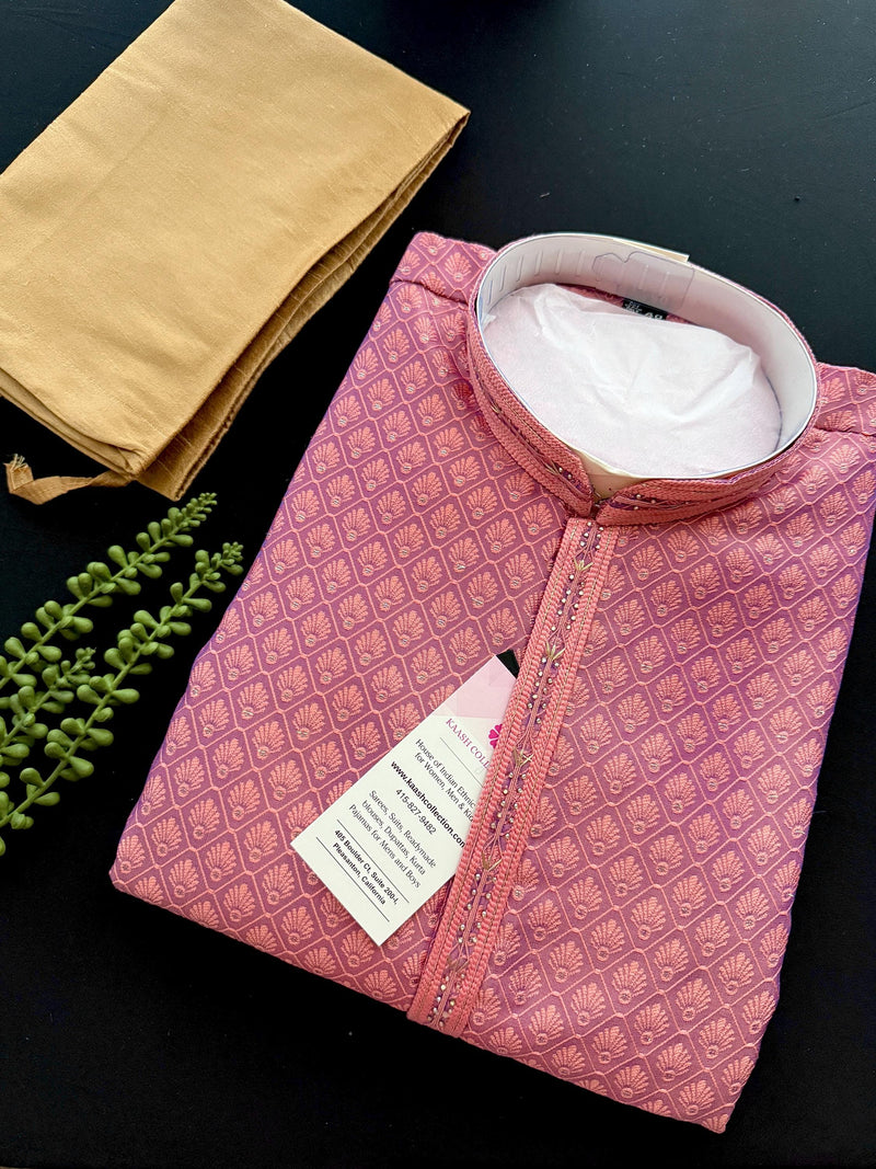 Coral Peach Color with undertone of Purple Kurta with Self Embroidery and Tiny Zari Buttis | Designer Kurta Pajama Set for Men