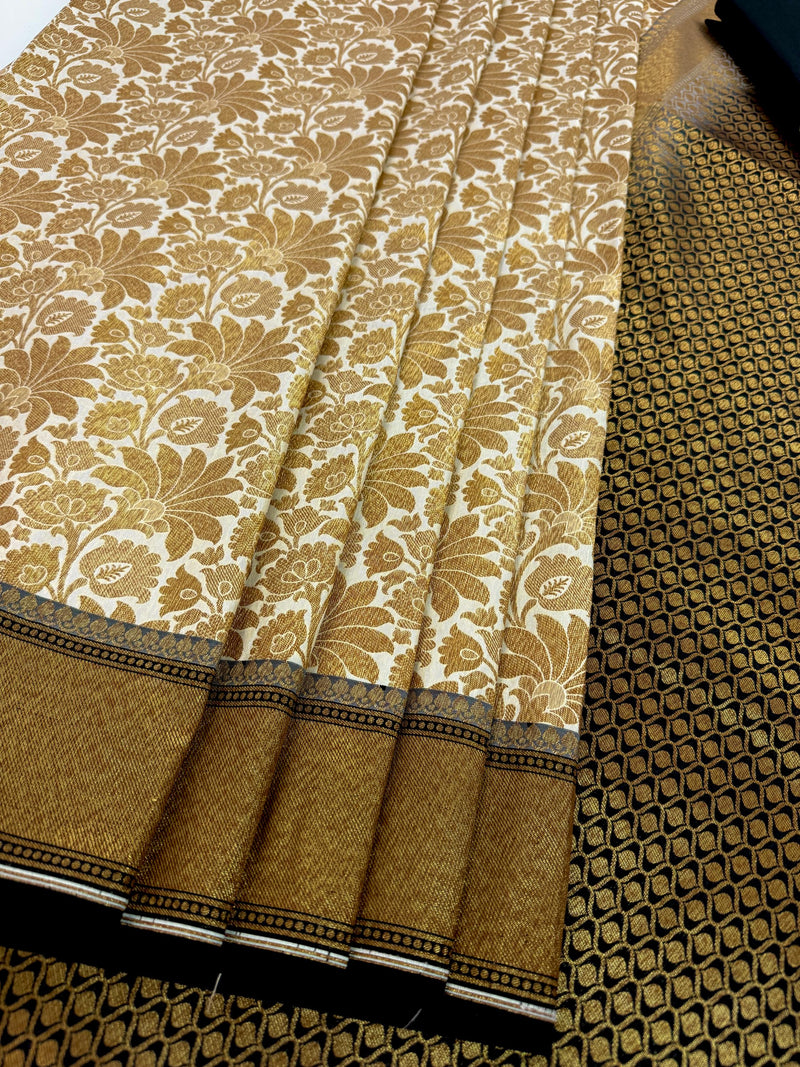 Off White with Black Traditional Banarasi Silk Handloom Saree with Muted Gold Antique Zari Weave | Floral Jaal Weaved