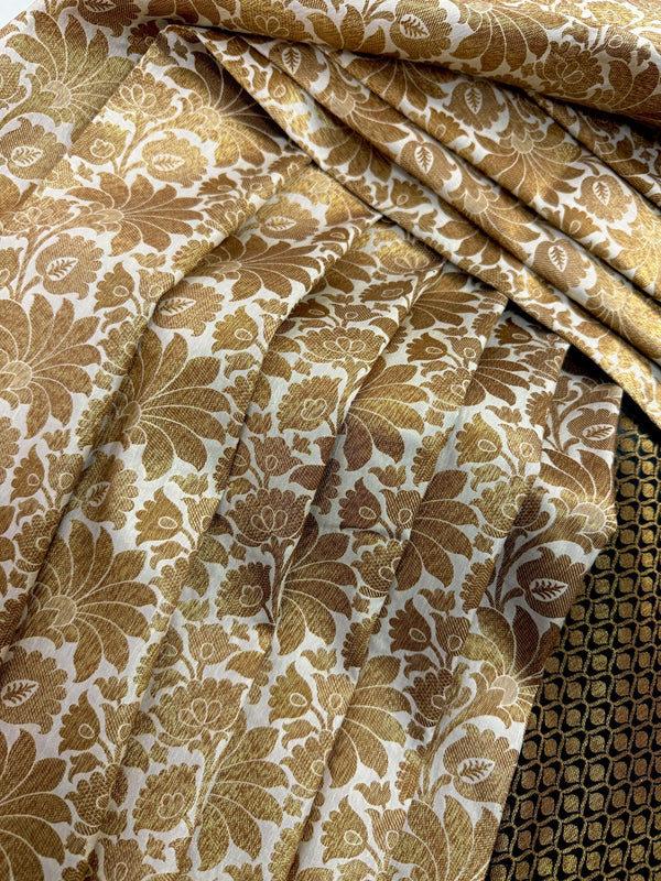 Off White with Black Traditional Banarasi Silk Handloom Saree with Muted Gold Antique Zari Weave | Floral Jaal Weaved