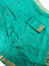 Rama Green Cotton Saree with small Emberiodery floral and tissue borders and Pallu | Cotton Sarees