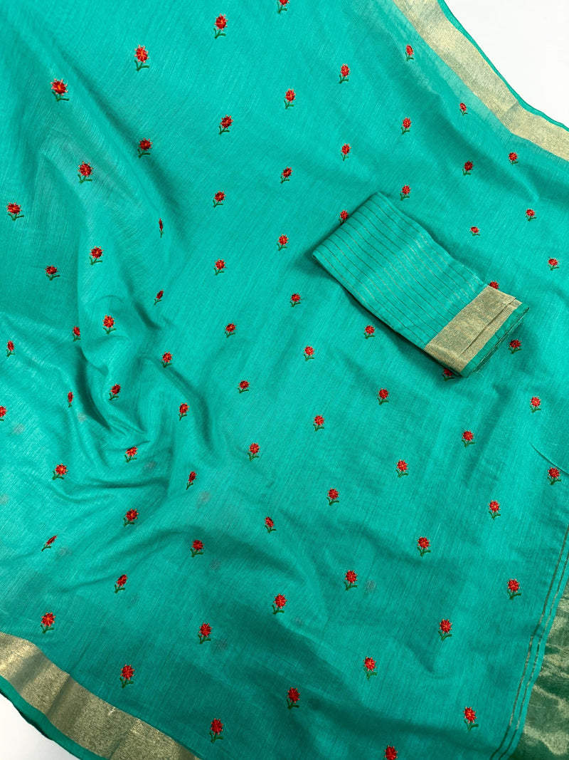 Rama Green Cotton Saree with small Emberiodery floral and tissue borders and Pallu | Cotton Sarees