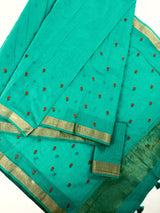Rama Green Cotton Saree with small Emberiodery floral and tissue borders and Pallu | Cotton Sarees