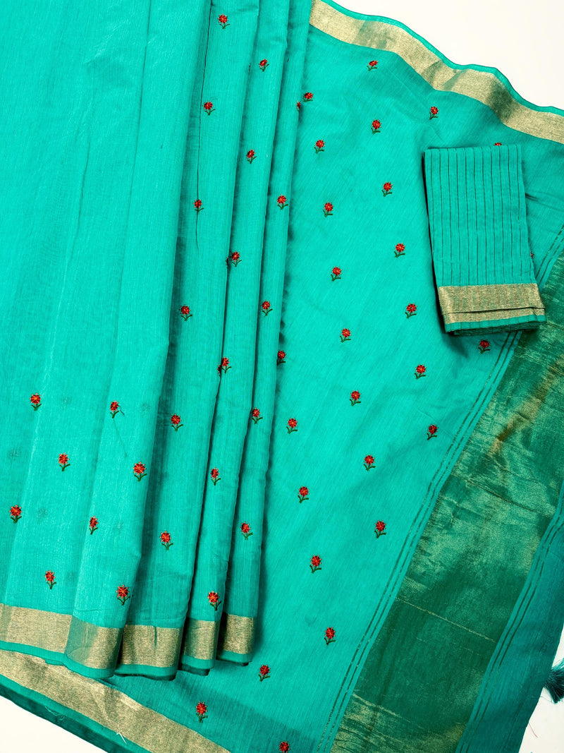Rama Green Cotton Saree with small Emberiodery floral and tissue borders and Pallu | Cotton Sarees