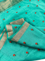 Rama Green Cotton Saree with small Emberiodery floral and tissue borders and Pallu | Cotton Sarees