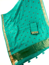 Rama Green Cotton Saree with small Emberiodery floral and tissue borders and Pallu | Cotton Sarees