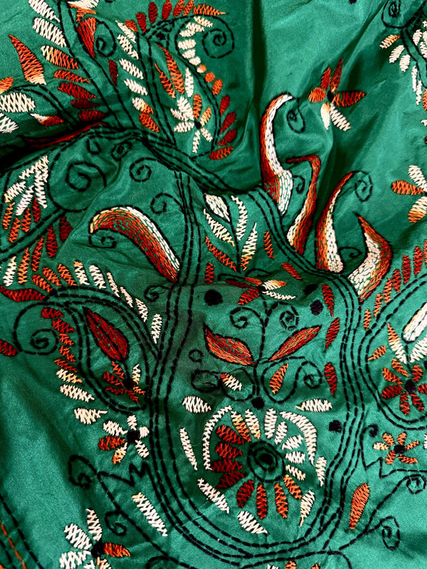 Green Bangalori Silk Saree with Hand Kantha Stitch | Handwoven Kantha Stitch Sarees | Kantha Saress | Silk Sarees | Bengal Sarees