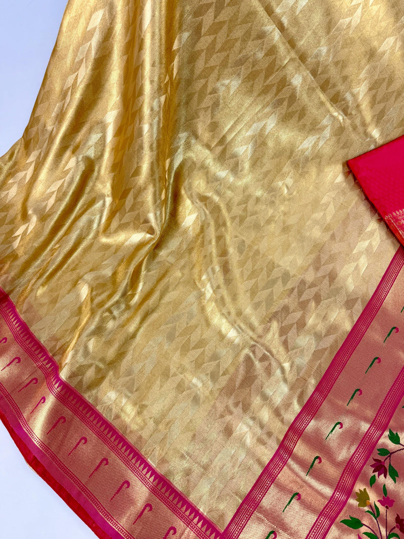 Statement Gold and Pink Paithani Banarasi Soft Silk Saree with  Gold Zari Weave | Banarasi Soft Saree | Paithani Sarees