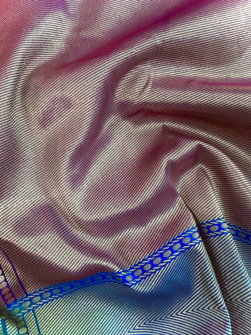 Statement Handmade Deep Magenta Pink Color Banarasi Soft Silk Handloom Saree with Green, Purple and Blue Border and Pallu
