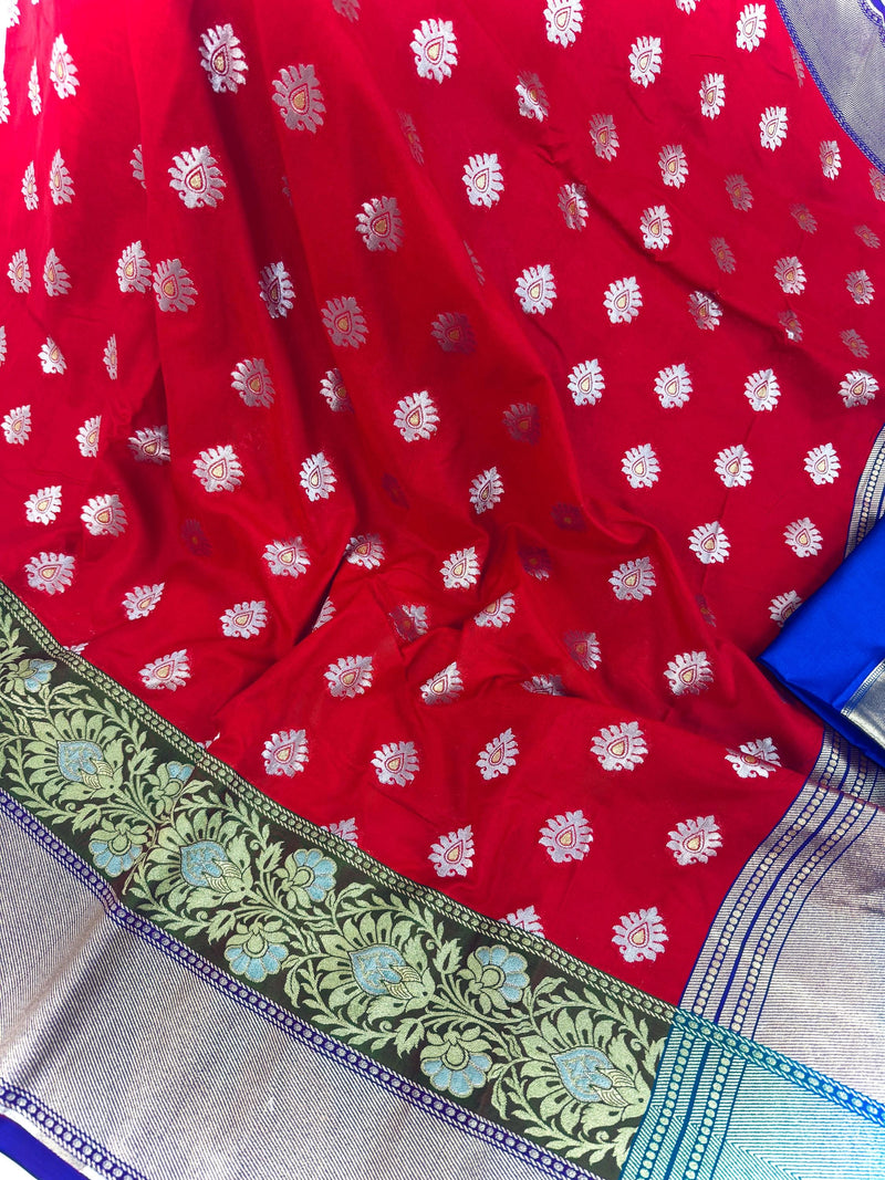 Statement Handmade Red Color Banarasi Soft Silk Handloom Saree with Green, Purple and Blue Border and Pallu