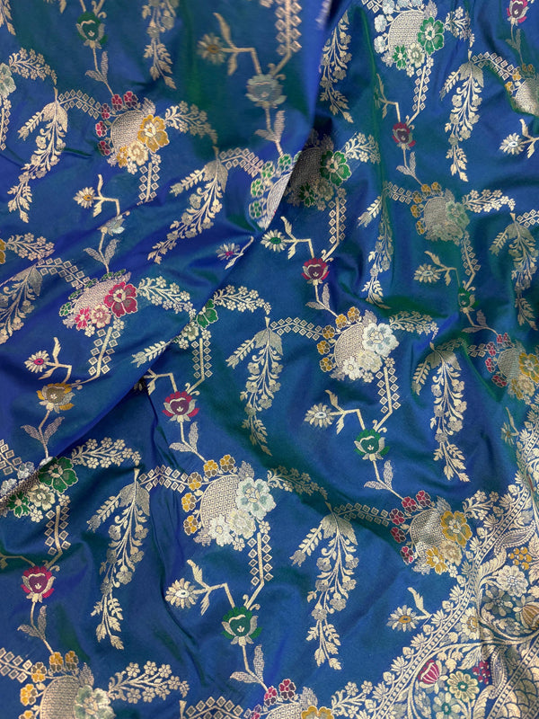 Dual tone Dull Peacock Blue Saree with Meenakari Floral Jaal Pattern with Muted Gold Zari | Banarasi Jaal Saree in dual tone