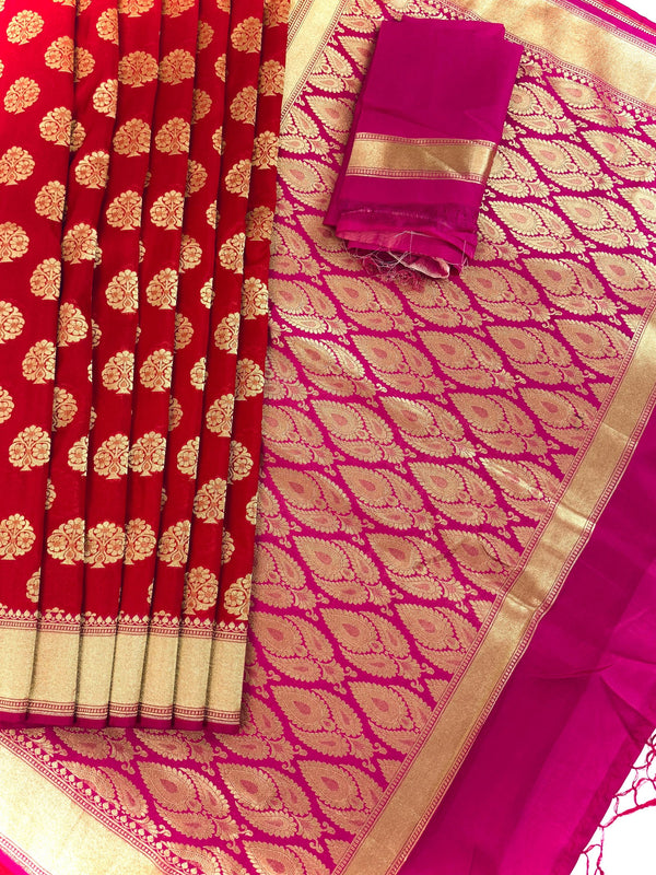 Red Banarasi Silk Saree  with Floral buttas and Pink border and Pallu | Gold  Zari Weave work | Ships from California