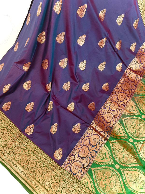 Purple and Green Soft Katan Silk Saree | Gold and Copper Zari Weave | Banarasi Sarees | Purple Color Saree | Wedding  Party Wear Sarees
