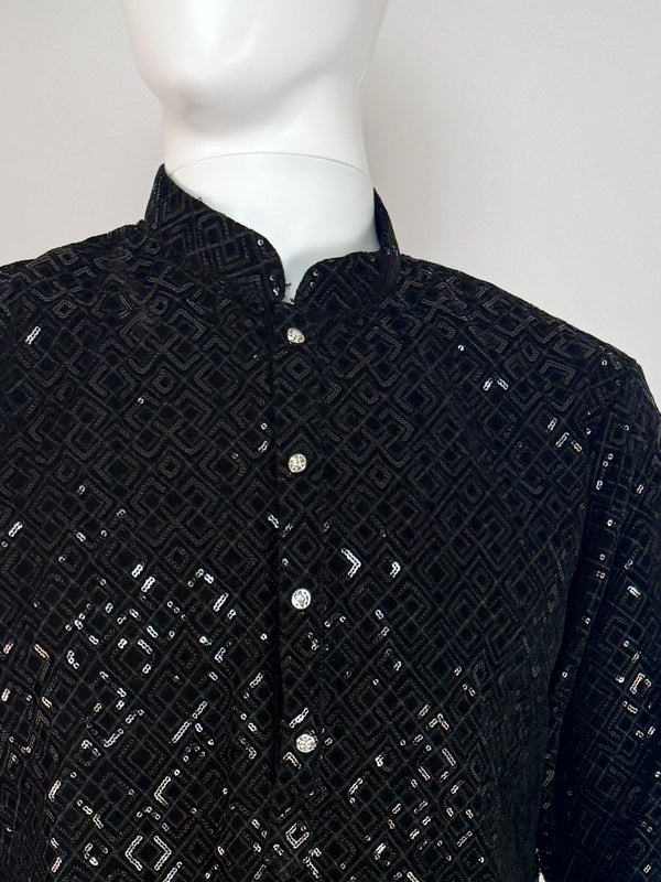 Black Velvet Wedding Party Wear Designer Men Kurta Set with tiny Sequin in black | Mens Wedding Ethnic Wear | Velvet Black Kurta for Men