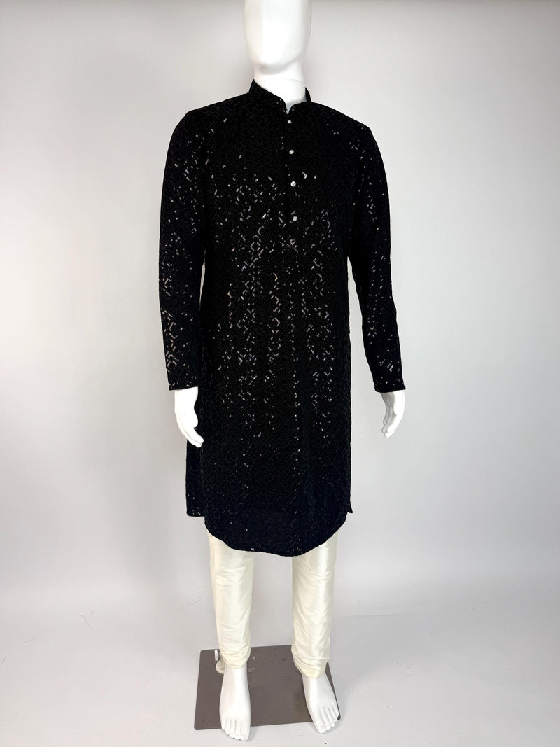 Black Velvet Wedding Party Wear Designer Men Kurta Set with tiny Sequin in black | Mens Wedding Ethnic Wear | Velvet Black Kurta for Men