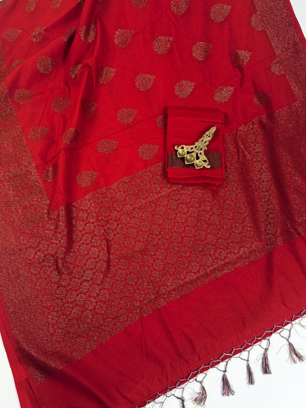 Red Color Dupion Soft Silk Saree with Antique Zari Weave | Ships from California