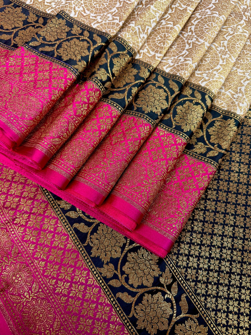 Off White with Pink and Black Traditional Banarasi Silk Handloom Saree with Antique Zari Weave | Chakra Pattern Saree