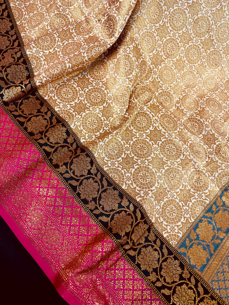 Off White with Pink and Black Traditional Banarasi Silk Handloom Saree with Antique Zari Weave | Chakra Pattern Saree