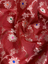 Red and Pastel Aqua Color Pure Banarasi Tussar Silk Saree with Copper and Muted Gold Zari Weave Jaal Meenakari Saree | Silk Mark Certified