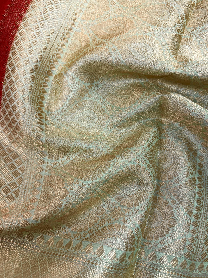 Red and Pastel Aqua Color Pure Banarasi Tussar Silk Saree with Copper and Muted Gold Zari Weave Jaal Meenakari Saree | Silk Mark Certified