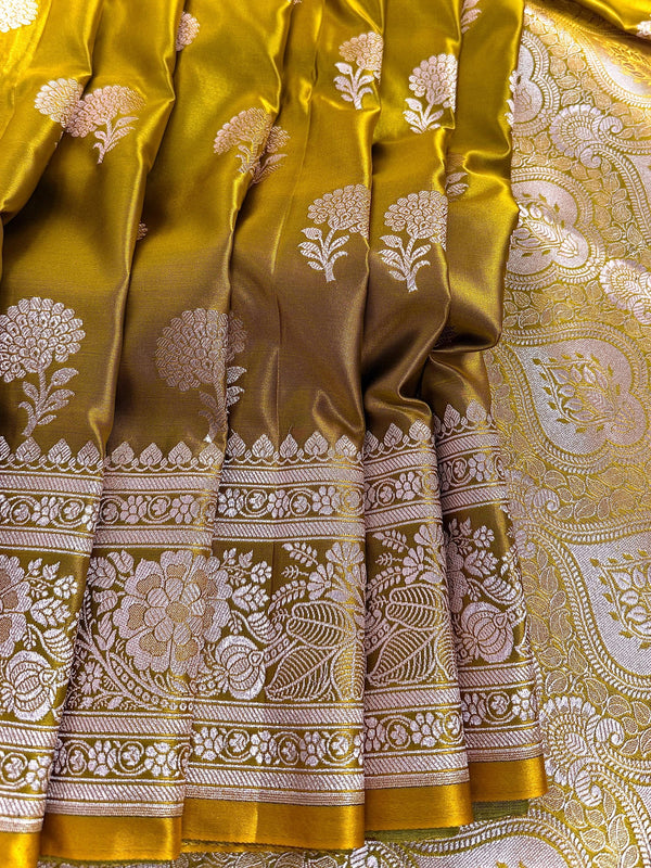 Statement Mehendi Green Color Semi Pure Banarasi Mashru Silk Saree | Mashru Silk Saree with Muted Gold Zari Weave | Ships from California