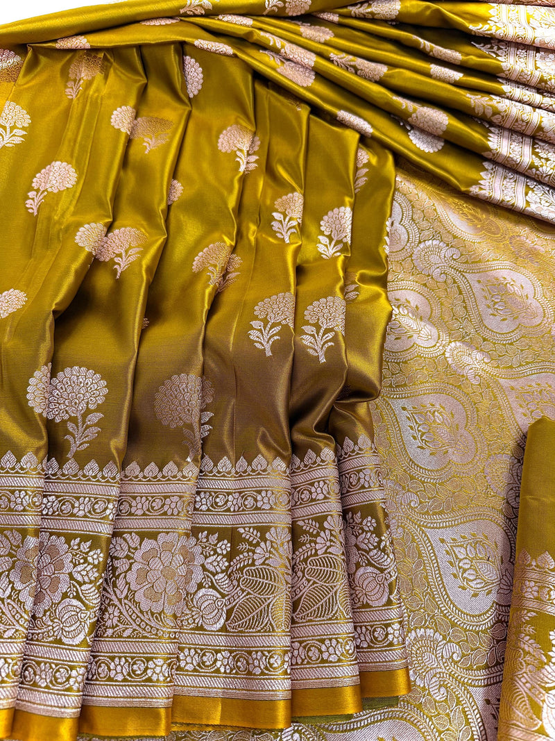 Statement Mehendi Green Color Semi Pure Banarasi Mashru Silk Saree | Mashru Silk Saree with Muted Gold Zari Weave | Ships from California