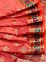 Peach Pink Dual Shade Soft Silk Saree with Paithani Style Borders | Muted Gold Zari Weave | Meenakari | Ships from California