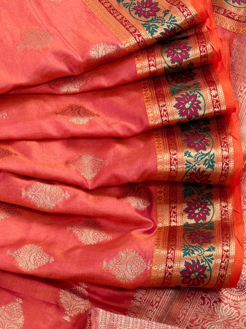 Peach Pink Dual Shade Soft Silk Saree with Paithani Style Borders | Muted Gold Zari Weave | Meenakari | Ships from California