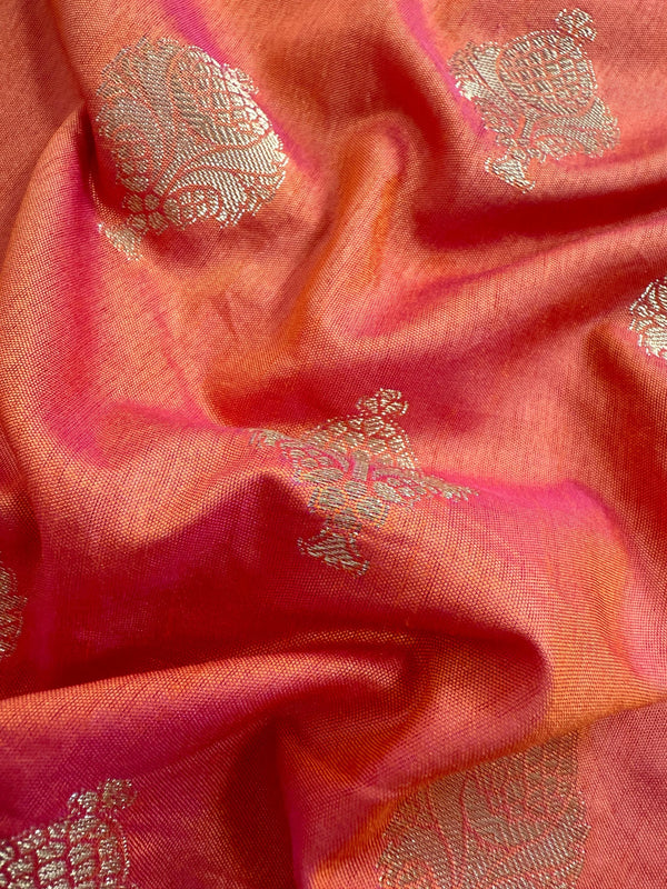 Peach Pink Dual Shade Soft Silk Saree with Paithani Style Borders | Muted Gold Zari Weave | Meenakari | Ships from California