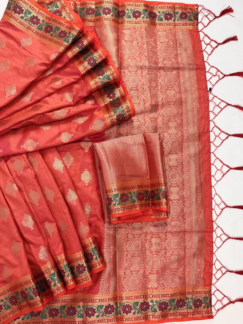 Peach Pink Dual Shade Soft Silk Saree with Paithani Style Borders | Muted Gold Zari Weave | Meenakari | Ships from California