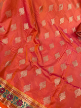 Peach Pink Dual Shade Soft Silk Saree with Paithani Style Borders | Muted Gold Zari Weave | Meenakari | Ships from California