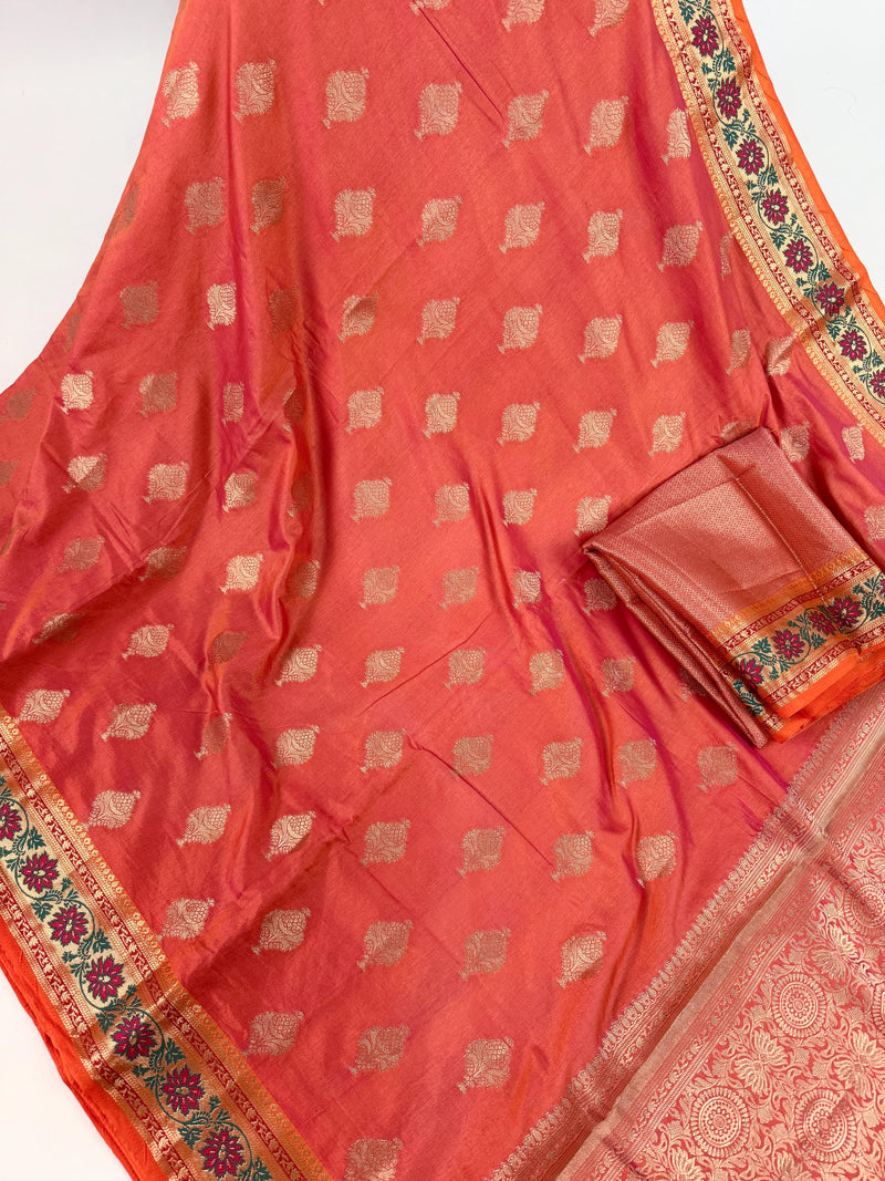 Peach Pink Dual Shade Soft Silk Saree with Paithani Style Borders | Muted Gold Zari Weave | Meenakari | Ships from California