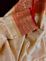 Statement  Cream & Red Banarasi Satin Silk Saree |Soft Satin Silk with rich Banarasi weave | Perfect for weddings, giftingand Durga Pujo