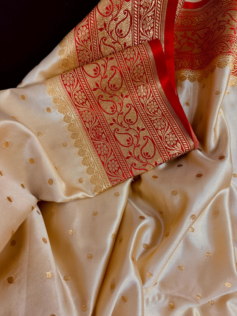 Statement  Cream & Red Banarasi Satin Silk Saree |Soft Satin Silk with rich Banarasi weave | Perfect for weddings, giftingand Durga Pujo