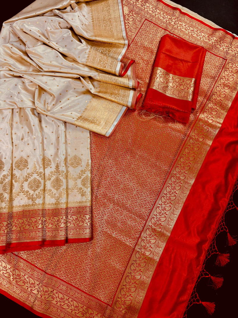 Statement  Cream & Red Banarasi Satin Silk Saree |Soft Satin Silk with rich Banarasi weave | Perfect for weddings, giftingand Durga Pujo