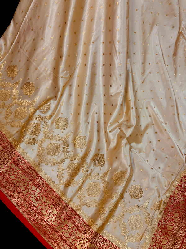 Statement  Cream & Red Banarasi Satin Silk Saree |Soft Satin Silk with rich Banarasi weave | Perfect for weddings, giftingand Durga Pujo