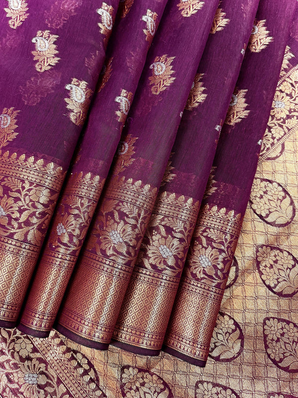 Statement Handmade Purple Color Banarasi Semi Silk Saree with Copper and Sliver Zari Weave | Saree in USA | Ships from California