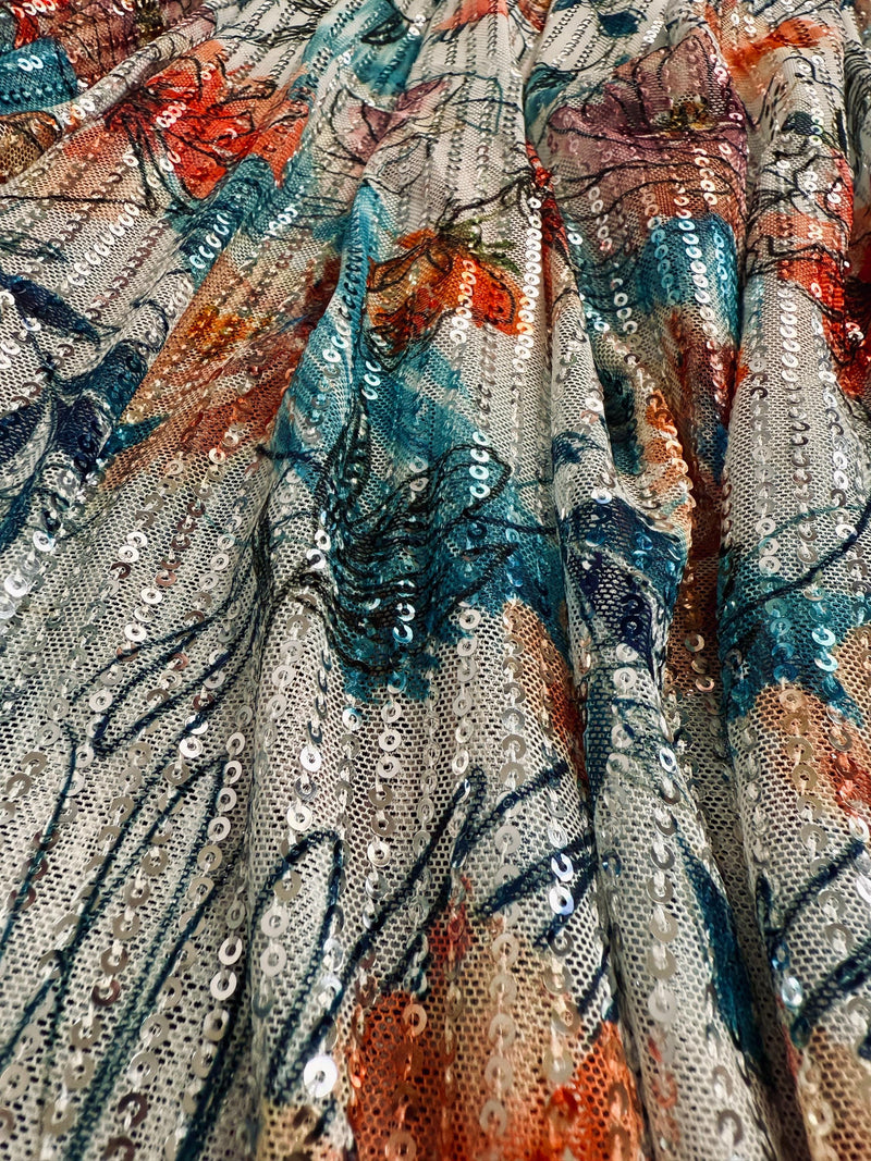 Party Wear Statement Digital Printed Floral Sequin Saree in Pearl White and Sky Blue | Party Wear Sequin Sarees