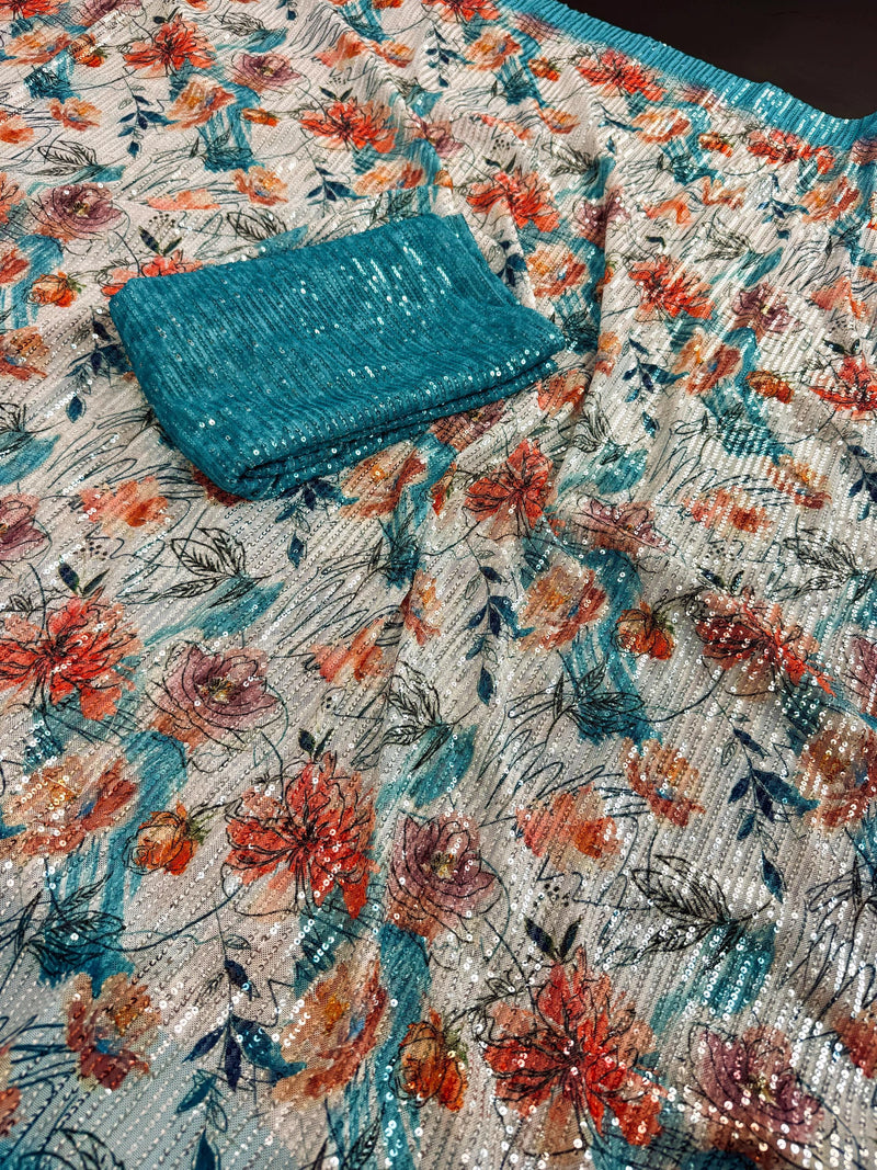 Party Wear Statement Digital Printed Floral Sequin Saree in Pearl White and Sky Blue | Party Wear Sequin Sarees