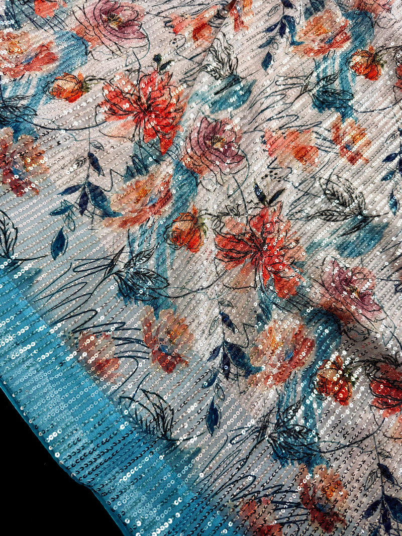 Party Wear Statement Digital Printed Floral Sequin Saree in Pearl White and Sky Blue | Party Wear Sequin Sarees