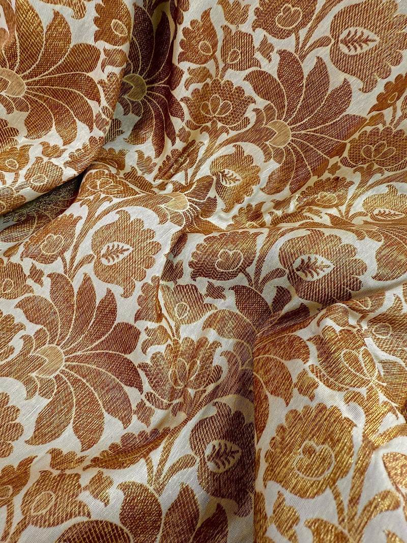Off White with Black Traditional Banarasi Silk Handloom Saree with Muted Gold Antique Zari Weave | Floral Jaal Weaved