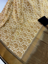 Off White with Black Traditional Banarasi Silk Handloom Saree with Muted Gold Antique Zari Weave | Floral Jaal Weaved