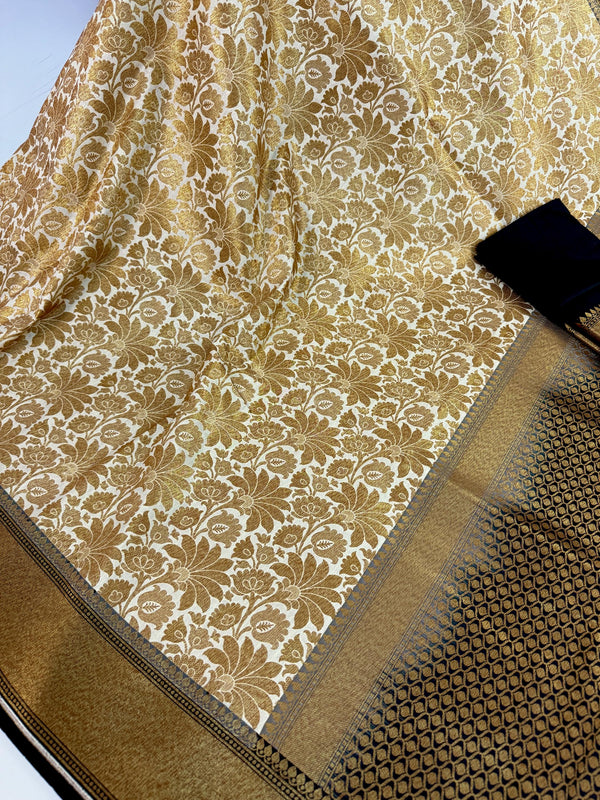 Off White with Black Traditional Banarasi Silk Handloom Saree with Muted Gold Antique Zari Weave | Floral Jaal Weaved