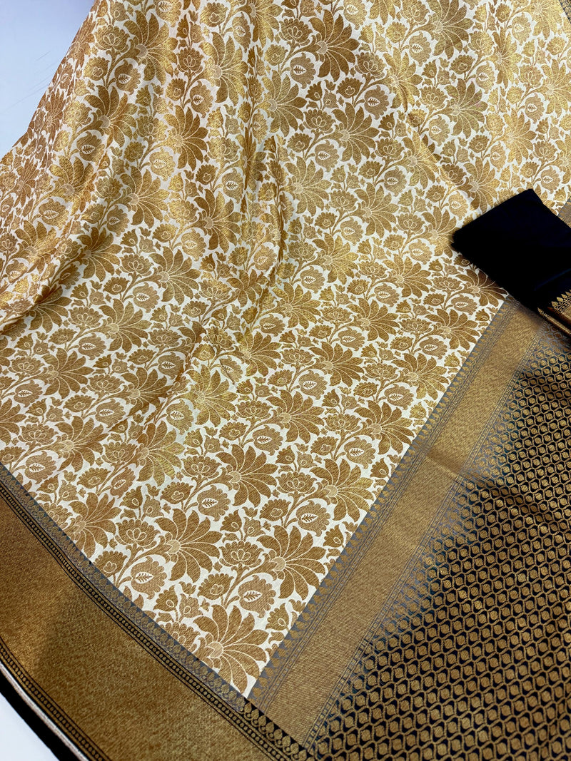 Off White with Black Traditional Banarasi Silk Handloom Saree with Muted Gold Antique Zari Weave | Floral Jaal Weaved