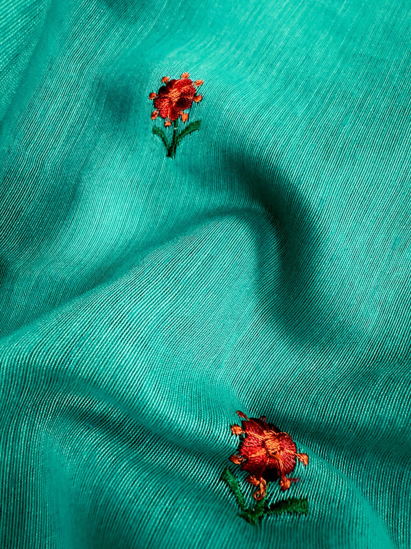 Rama Green Cotton Saree with small Emberiodery floral and tissue borders and Pallu | Cotton Sarees