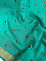 Rama Green Cotton Saree with small Emberiodery floral and tissue borders and Pallu | Cotton Sarees